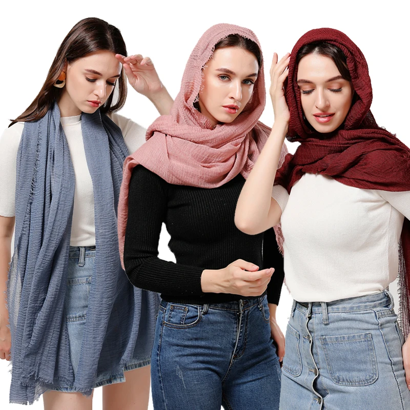 

Fashion Women Crinkle Cotton Hijab Scarf Plain Bubble Muslim Scarves Foulard Shawl Lady Pashmina Scarfs Wrap Tassel Headband