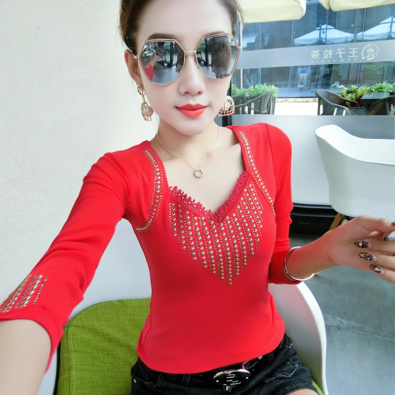 Red tshirt Корейская мода, Сексуальная футболка в алмазах с v-образным вырезом, новинка, Осень-зима, Женский Тонкий Топ с длинным рукавом, Camiseta Mujer, уличная одежда T99006 - Цвет: Red tshirt