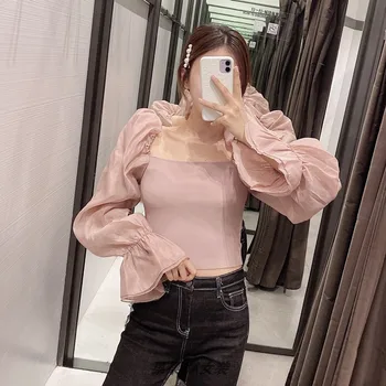 

2020 New Summer Short Shirts Women Solid Color Wild Square Collar Blouses and Tops Female Long Sleeve Fashion Women Clothing