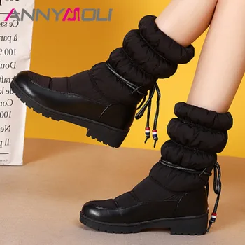 

ANNYMOLI Med Heel Short Boots Woman Pleated Block Heel Mid Calf Boots Lace Up Snow Boots Female Shoes Warm Winter White Size 43