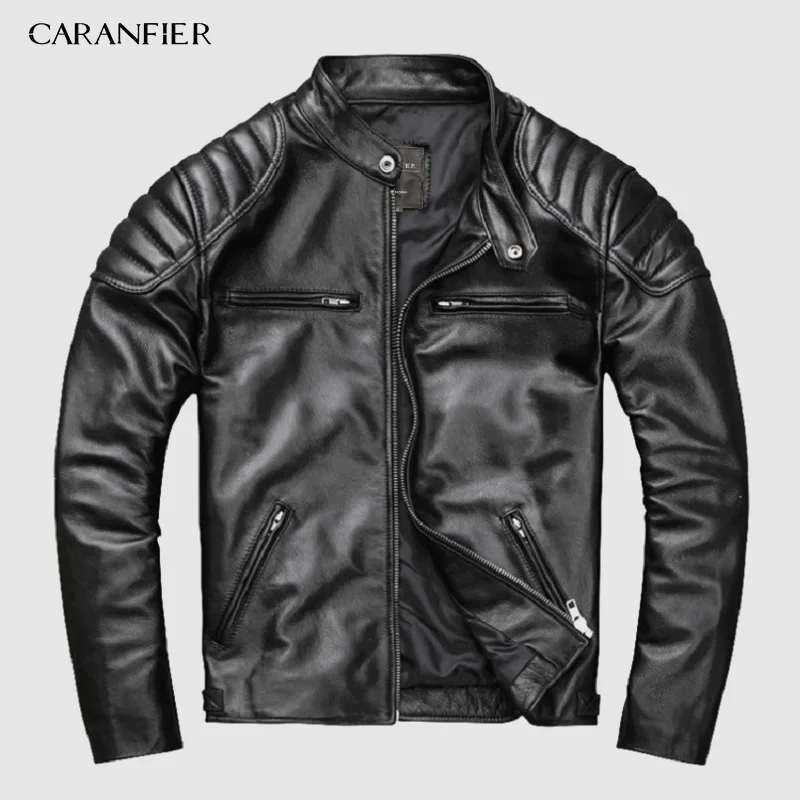 Мужская кожаная куртка CARANFIER черная приталенная из натуральной телячьей кожи