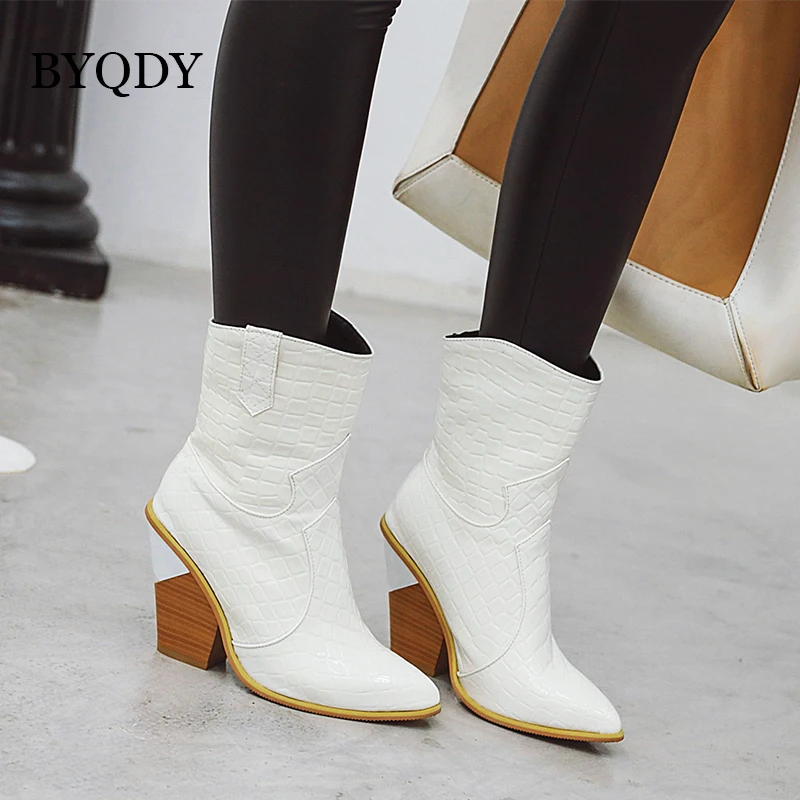 BYQDY Plus Size 34-46 Woman Embossed Western Boots Thick High Heeled Autumn Boots Casual Shop Party Boots For Girlfriends Shoes