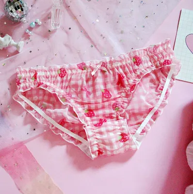 Kawaii/милые клетчатые трусики для девочек, женские трусы, нижнее белье, повседневная одежда, пряжа/молочный шелк, кружевные манишки, бант, клубника - Цвет: Net Yarn B