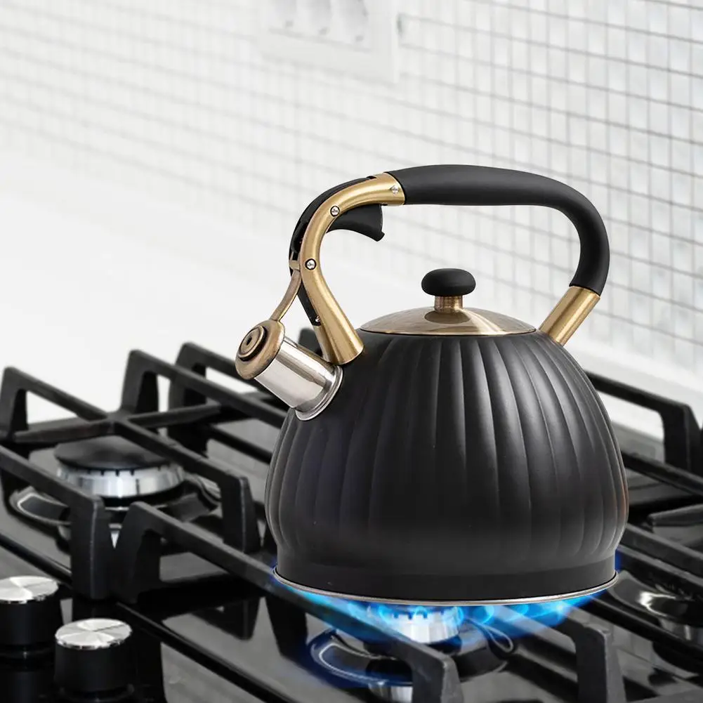 3.5L Whistling Kettle Black Pumpkin Shape Stainless Steel Tea Kettle With Heat-Proof Handle Universal Teapot for All Stovetops