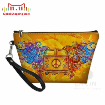 

Fashion Hippie Bus Cosmetic Bag Necessaire Travel Organizer Make Up Toiletry Kit Wash Toilet Bags Small Waterproof Leather Pouch