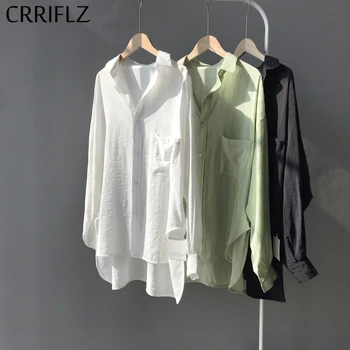 

Spring Summer Lantern Sleeve Blouse Women Medium Long Solid Pocket Single Breasted Shirt Top Female Split Blouse CRRIFLZ