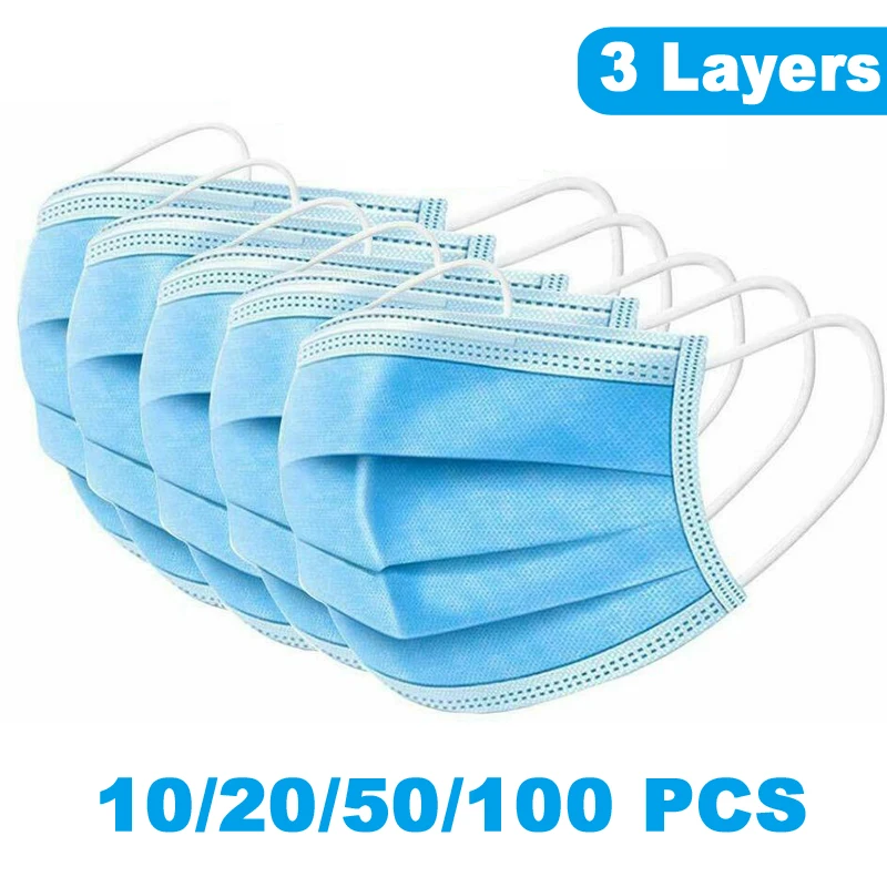 

100/50/20/10PCS Disposable Protective 3 Layers Dustproof Facial Protective Cover Maldehyde Prevent bacteria anti-virus Masks