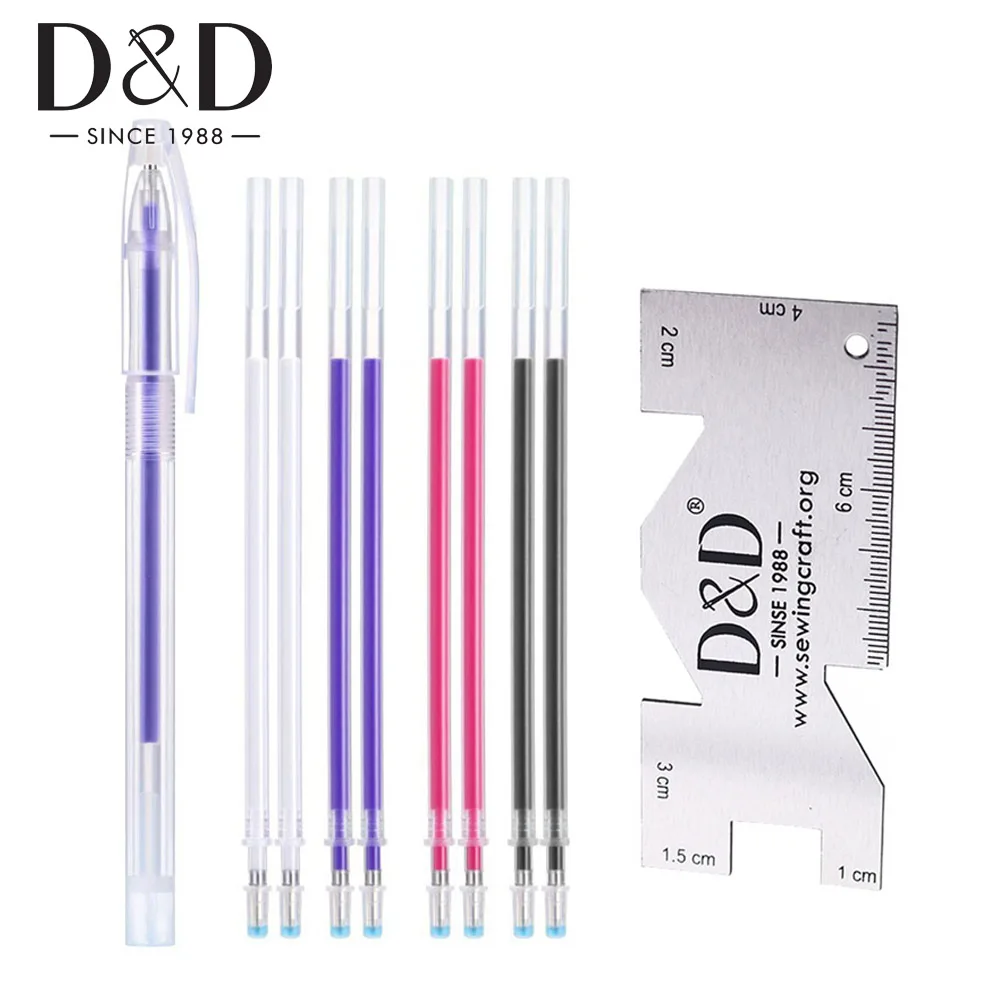 

1Pc Heat Erase Pen with 10Pcs High Temperature Disappearing Fabric Marker Refills&Metal Sewing Measuring Gauge Quilting Rulers