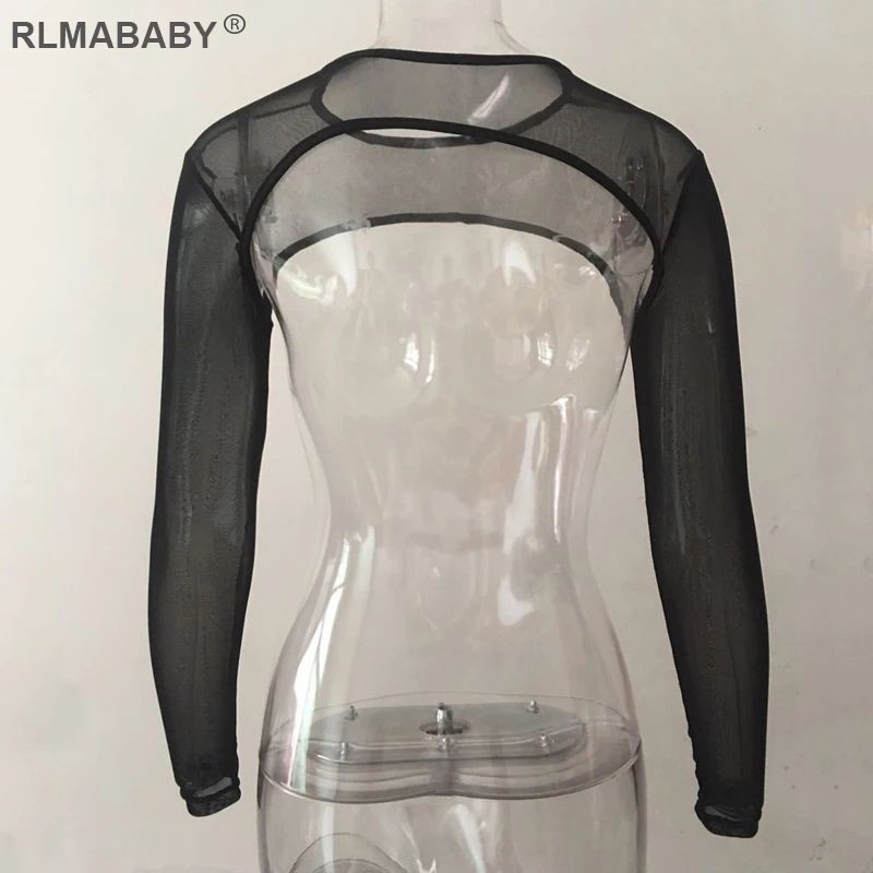 Casual Beach Transparent Mesh Tshirts Slim O Neck Long Sleeve Summer Ladies Top Backless Night Club Party Sexy Cropped Tee Shirt