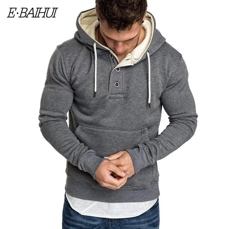 

E-BAIHUI new men's solid hooded sweatshirts sports pullover hoodies fashion neckline button decoration men sports hoodie fleece