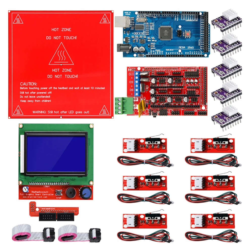 Reprap rampas 1,4 Kit con Mega 2560 r3 + Heatbed MK2B + 12864 controlador LCD + DRV8825 + interruptor mecánico + Cables para impresora 3D|Accesorios y partes de impresoras 3D| - AliExpress