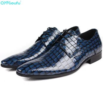 

QYFCIOUFU England Fashion Patent Leather Men Dress Pointed Toe Crocodile Pattern Business Male Formal Genuine Leather Shoes Flat