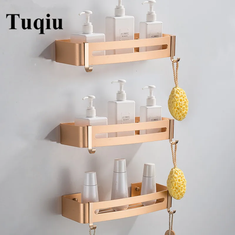 Vidric Nail Free Space Aluminum Gold Bathroom Shelf Cosmetic Rack With Single Lever Bath Corner Basket With Hook Bathroom Rack S - Color: square three tier