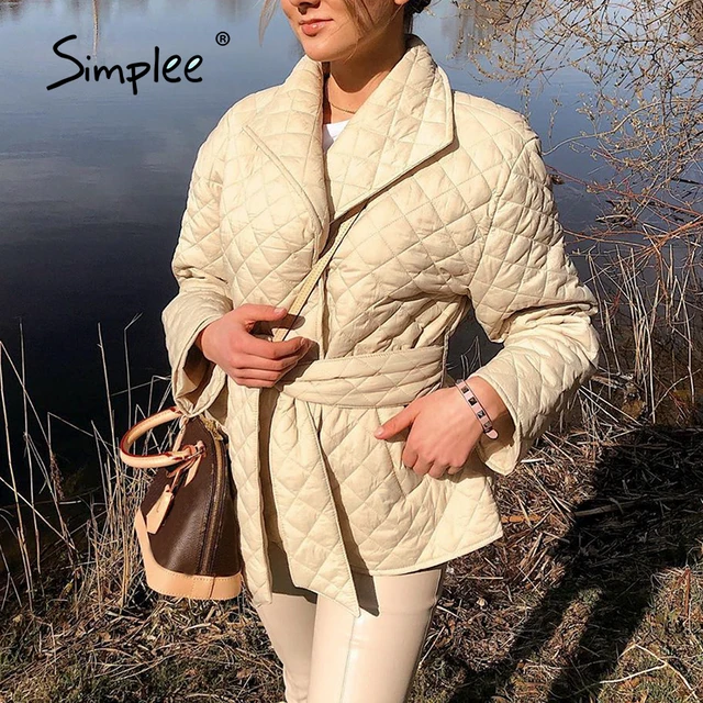 Simplee Long straight winter coat with rhombus pattern Casual sashes women parkas Deep pockets tailored collar stylish outerwear 6
