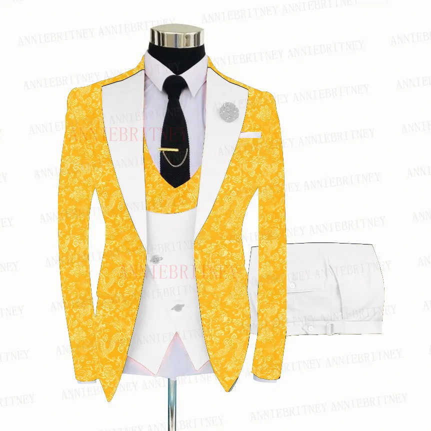 Yellow Floral Printed Groom Wedding Suit Set Slim Fit Formal Men Shiny Jacket Prom Dinner Suit Blazer Vest Pants 3 Pieces