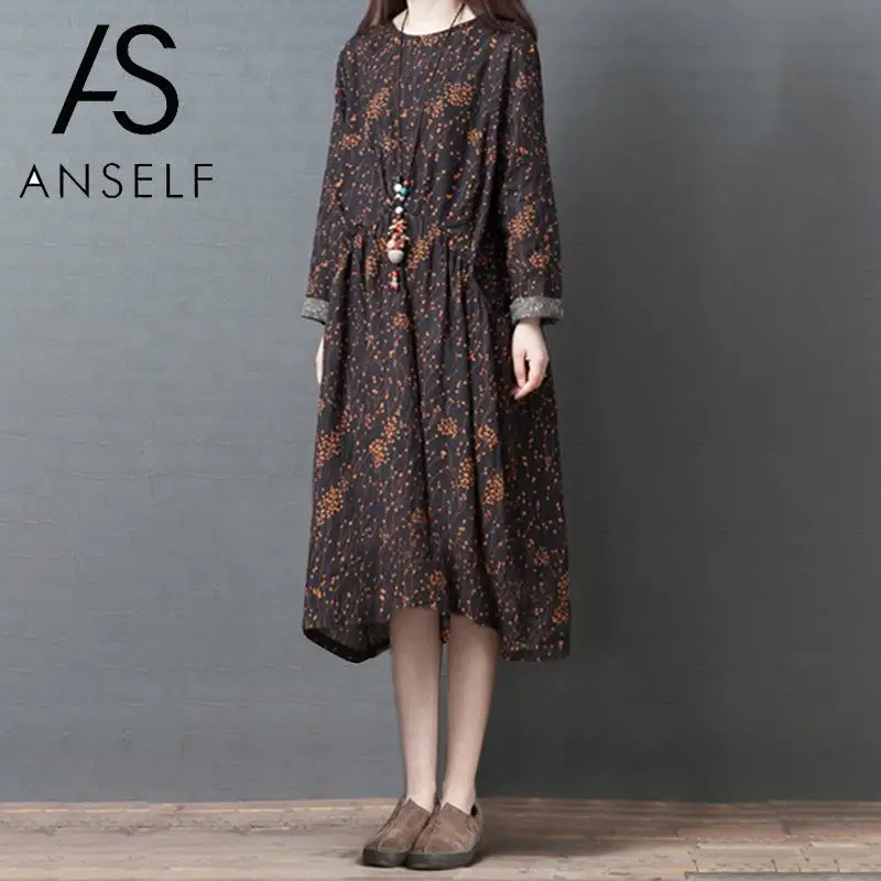 Women Vintage Loose Dress Long Sleeves Dot Floral Plus Size Women Dress Spring Autumn Bohemian Dress Women Casual Dress Robe