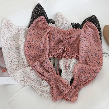 

Lovely Square Cuffs Long Sleeve Cropped Blouses Women Floral Ruffle Chiffon Blouse Tops Women Off Shoulder Top