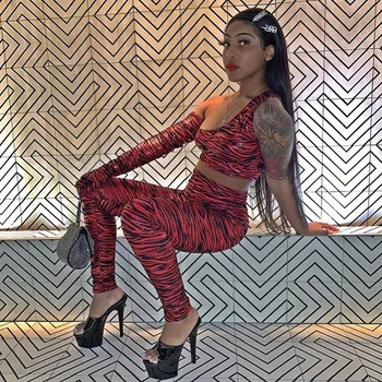 

ZKYZWX Sexy Sport Two Piece Set Fall Clothes for Women Tracksuit One Shoulder Crop Top Pants Birthday Club Outfits Matching Sets