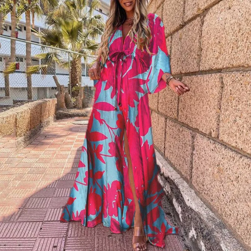 2021 Fashion Water Ripple Print Party Beach Wear Dresses Casual Loose Women Long Sleeve Long Beach Dress Summer Bandage Vestidos bathing suit bottom cover up