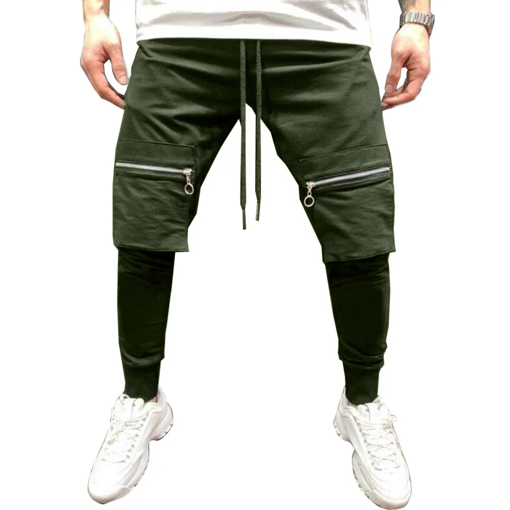 Мужские одноцветные длинные штаны в стиле хип-хоп с большими карманами в стиле пэчворк, спортивные дышащие быстросохнущие армейские мужские штаны - Цвет: Зеленый