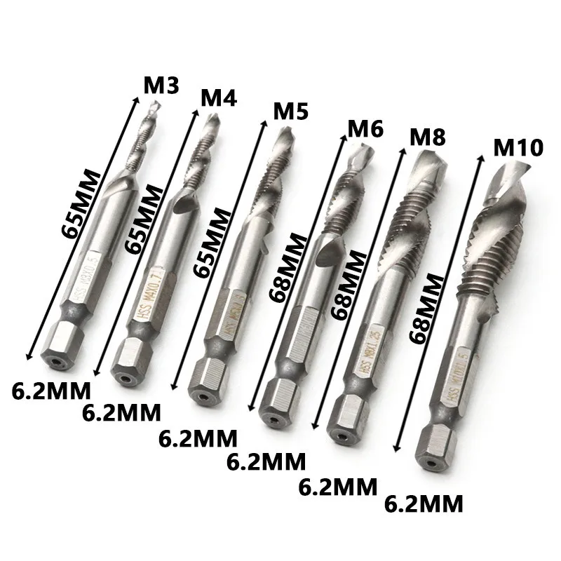 

6PC 1/4'' Hex M3/M4/M5/M8/M6/M10 High Speed Steel Thread Spiral Screw Drill Bits Hex Shank Thread Taps Woodworking Tools
