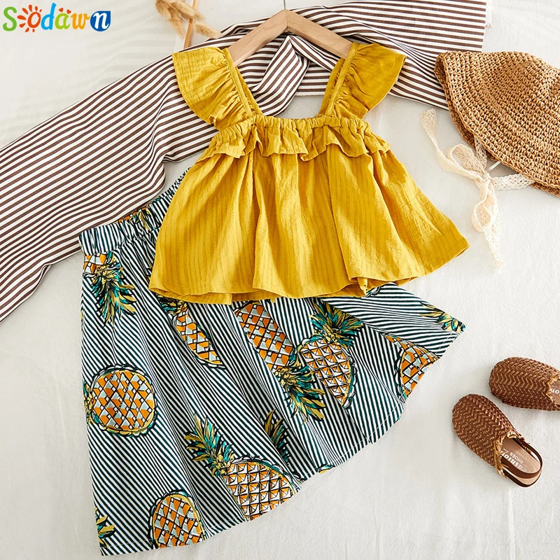 Sodawn/летние комплекты одежды для маленьких девочек топ без рукавов с цветочным рисунком+ юбка с фруктовым принтом комплект одежды из 2 предметов для маленьких девочек - Цвет: yellow