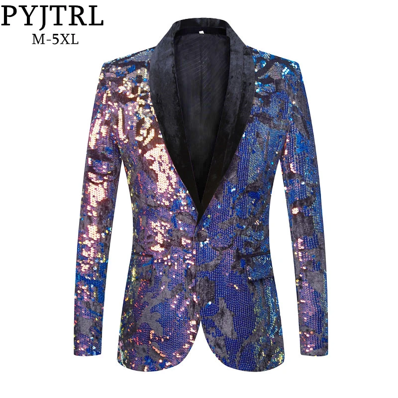 Синий PYJTRL, мужской модный синий, золотой, красный, с блестками, бархатный блейзер, DJ, певец, блестящий, с блестками, приталенный пиджак, вечерние, для выпускного - Цвет: Синий