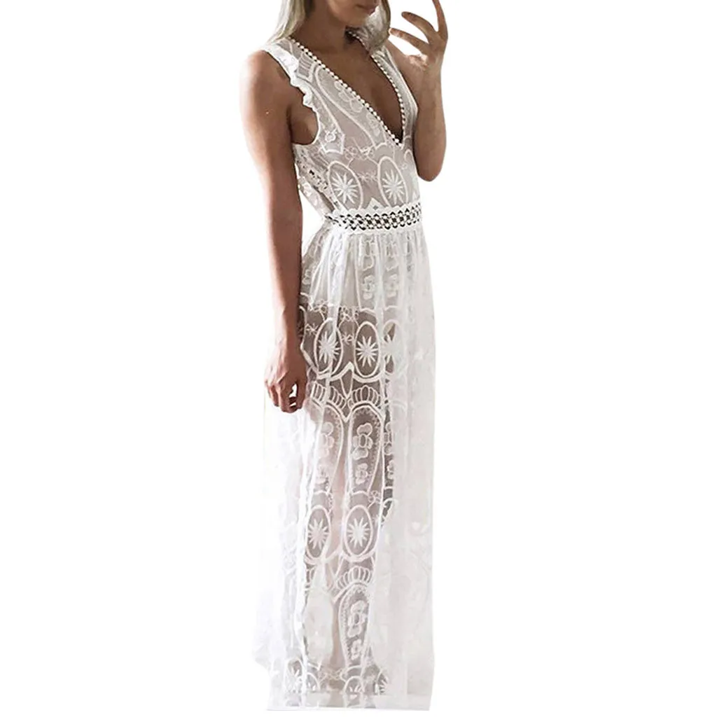 

Sexy hollow out white lace dress women's high waist sleeveless back elegant Christmas dress Maxi long dress dresses