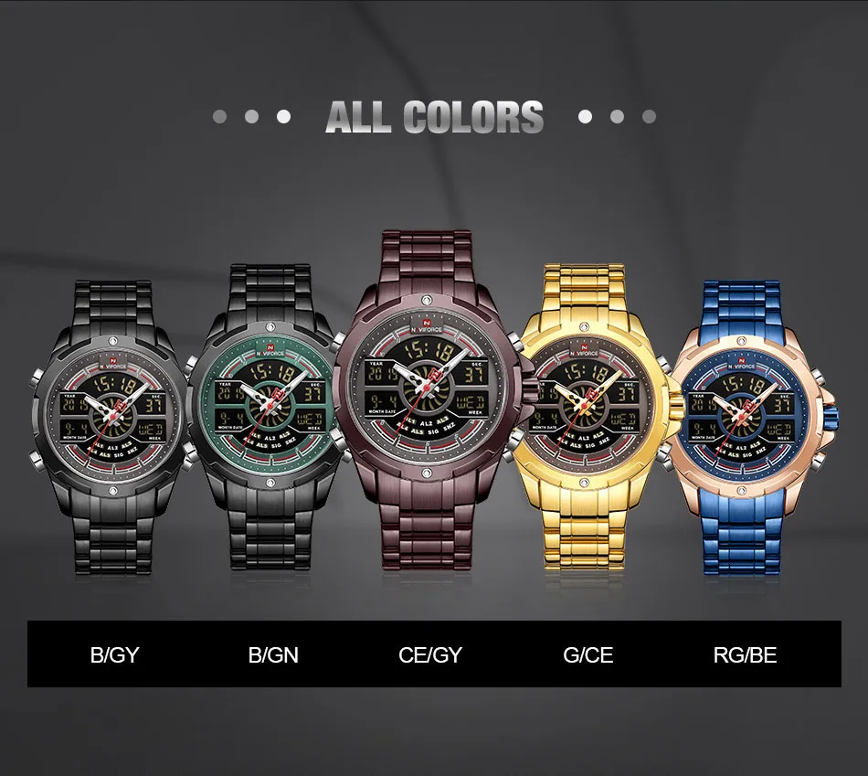 NAVIFORCE Sport Men Watches Fashion Digital Quartz Wrist Watch Steel Waterproof Dual Display Date Clock Gold Relogio Masculino