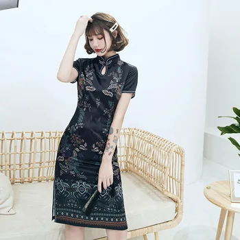 

Print Flower Black Short Evening Party Dress Women Sexy Split Novelty Cheongsam Big Size Veatidso Short Sleeve Elegant Qipao