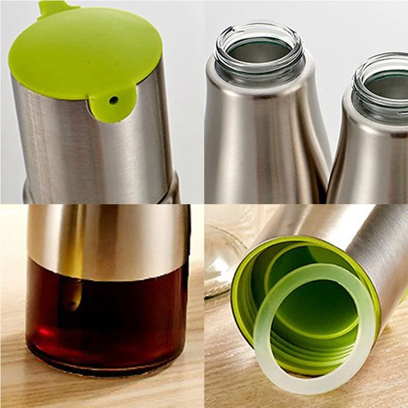 Kitchen Glass Oil Bottle Stainless Steel Leak-proof Soy Sauce Vinegar Cruet Storage Dispenser Useful Kitchen Tools