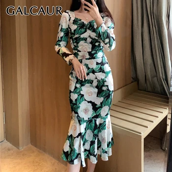 

GALCAUR Print Hit Color Woman's Dress Square Collar Tunic High Waist Long Sleeve Midi Trumpet Female Dresses Summer Fashion 2020