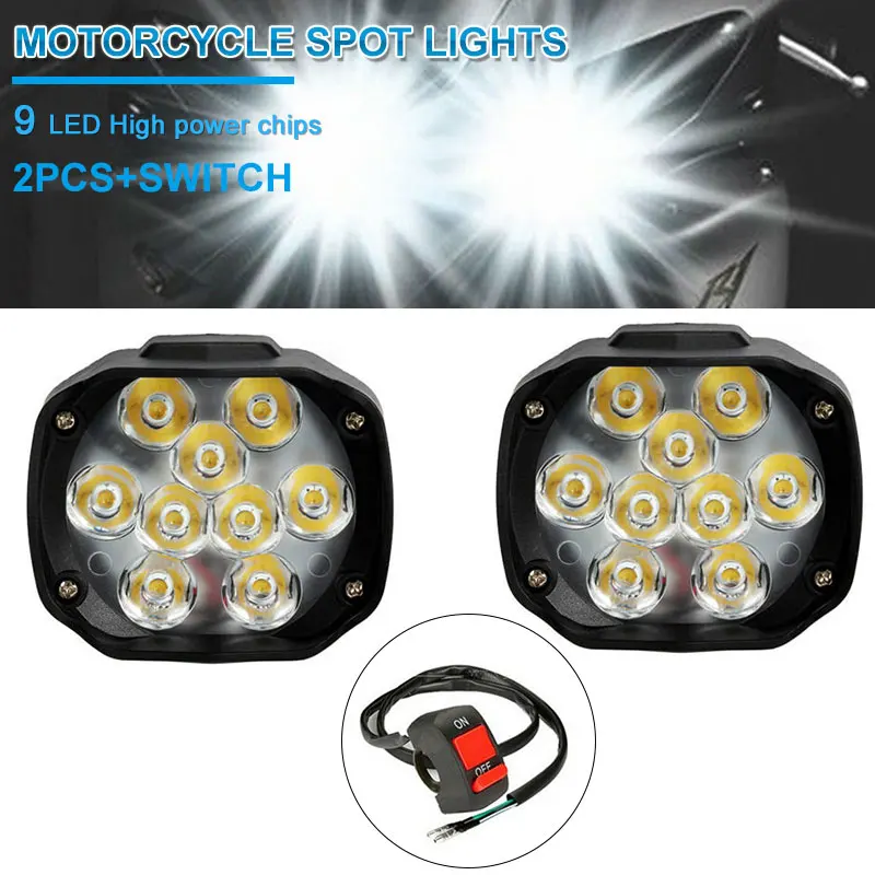 

DERI 2x Motorcycle Headlight 9LED Spotlight Scooter Fog Spotlight 12V Moto Work Light Head Lamp White DRL Car Headlamp +Switch