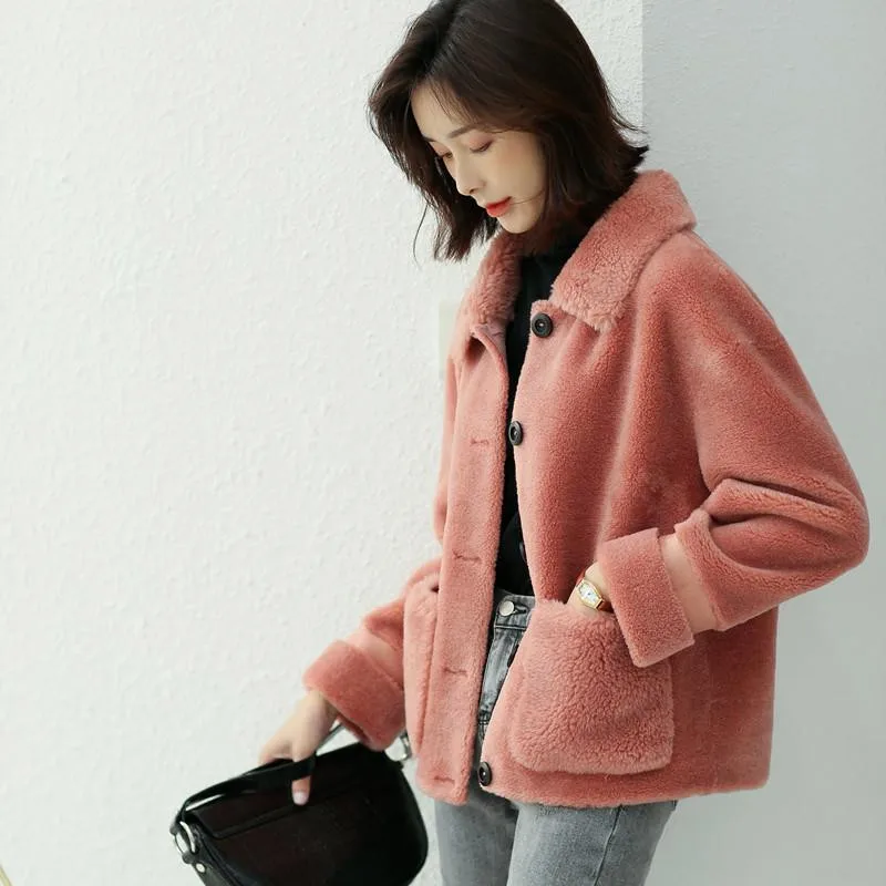 

2019 coat female fur one solid color long sleeve loose thick warm new spring and autumn fur coat short paragraph