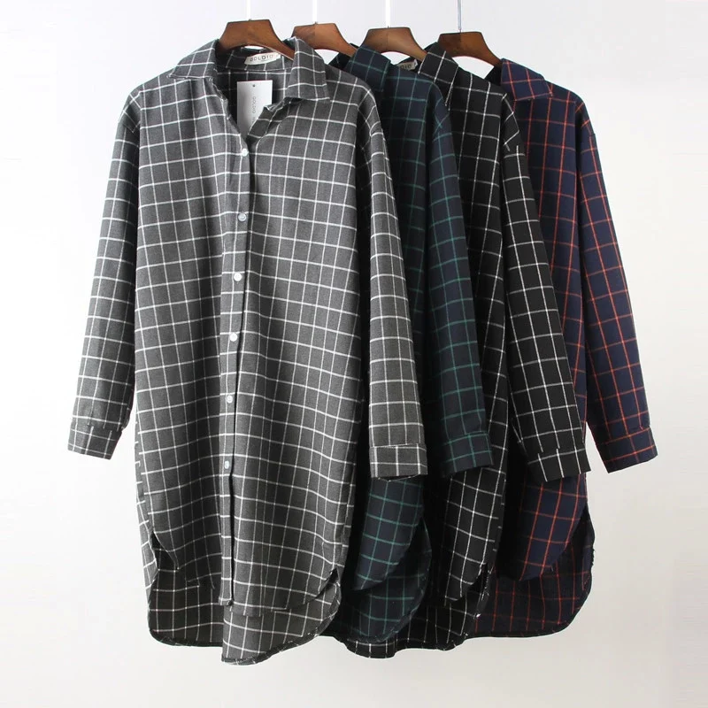 Клетчатая рубашка женские длинные топы и блузки хлопковые для женщин блузка