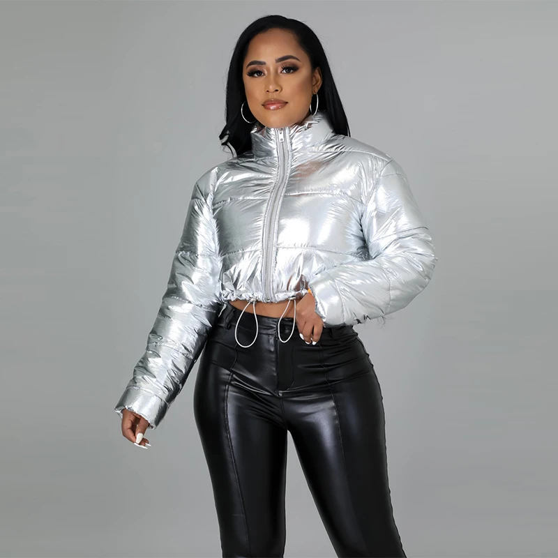 Autumn Winter Bright Silver Thick Warm Down Coat Women Fashion Turtleneck Long Sleeve Bubble Jacket Casual Zip Drawstring Parkas