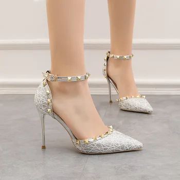 

2020 New Leather Women Pumps Fashion Shoes Sexy Sequins Rivets Pointed Hollow Word band 10CM High Heels Shoes
