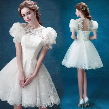 

2019 Cute White Short Prom Dress Lace Applique Sequins Short Sleeve Mini Length Dubai Arabic Short Cocktail Dress Party Gowns