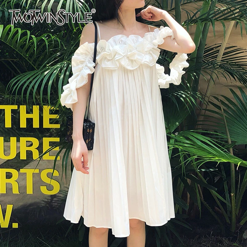 TWOTWINSTYLE Elegant Striped Ball Gown Dress Square Collar Spaghetti Strap Loose Patchwork Ruffles Midi Dresses For Female Tide | Женская
