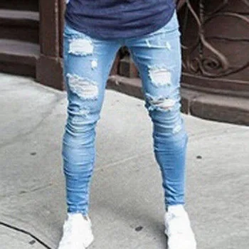 

Pencil Pants Elastic Sweatpants Men Fit Solid Denim Pants Casual Pencil Jogger Casual Pants Black Blue Hole Jeans 2020