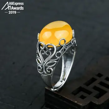

12*16mm 6.18 Sale S925 Sterling Silver Ukraine Amber Rings Exaggerated Rings health rich lithuania Retro Chalcedony