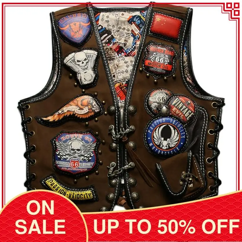 

2020 Brown American Motorcycle Style Genuine Leather Vest Men Plus Size 8XL Real Thick Horsehide Slim Fit Bikerâ€˜s Vest