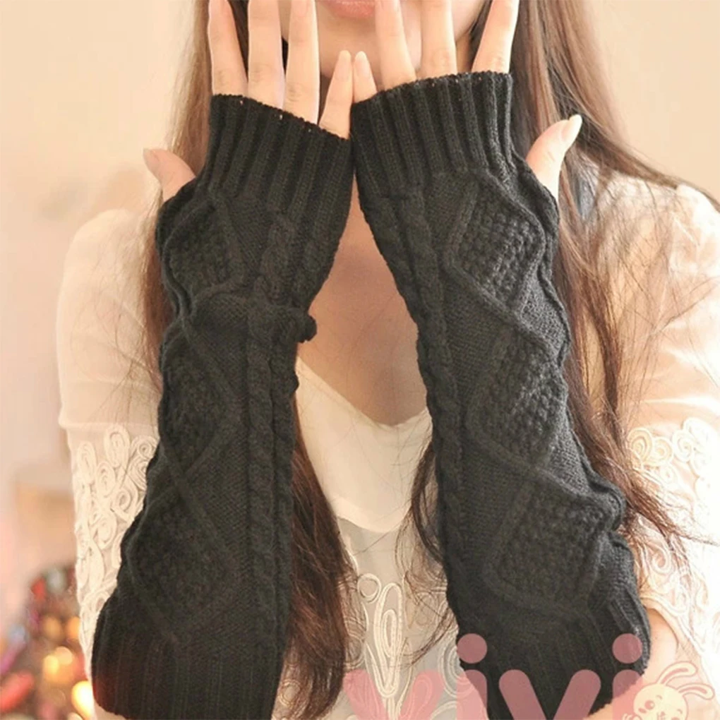 Fingerless Gloves 1 Pair Autumn Winter Women Knit Arm Wrist Sleeve Hand Warmer Girls Rhombus Long Half Mittens