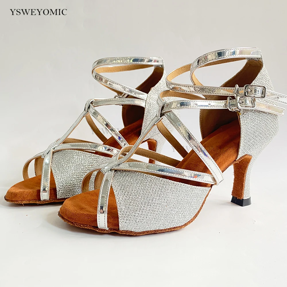 Dance Shoes 2022 Spring Style  Silver Shiny Glitter Salsa Dance Shoes Women Indoor Outdoor Soft insole Latin Dance Party Shoes