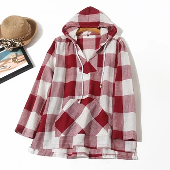 

Women's Loose Plaid Long Sleeve Hoodie Pullover Plus Size Thin Fashion Lattice Hooded Sweatshirt Top Causal Spring and Autumn
