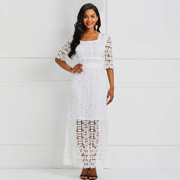 

Sexy Lace Party Long Dress Elegant Evening Women White Robe Hook Flower See Through Summer High Waist Slim Female Maxi Dresses