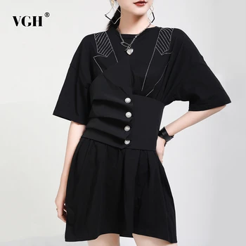 

VGH Print Two Piece Set For Women Half Sleeve Loose Ruched T Shirt Asymmetric Minimalism Blazer Elegant Female 2020 Summer New