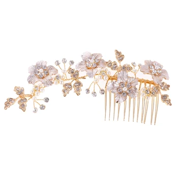 

Bridal Hair Comb Floral Rhinestone Handmade Jewelry Fancy Hair Woman -Or