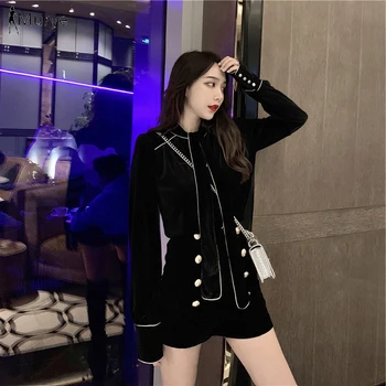 

New Two Piece Suits Women 2 Piece Set Black Tracksuit Vintage Shorts Long Sleeves Buttons Outfits Fashion 2020 Spring Femal Suit