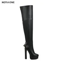 NEMAOME/женские ботфорты выше колена зимние женские сапоги с цепочкой на платформе и высоком каблуке 14 см Клубные вечерние туфли для танцев женские размеры 34-43